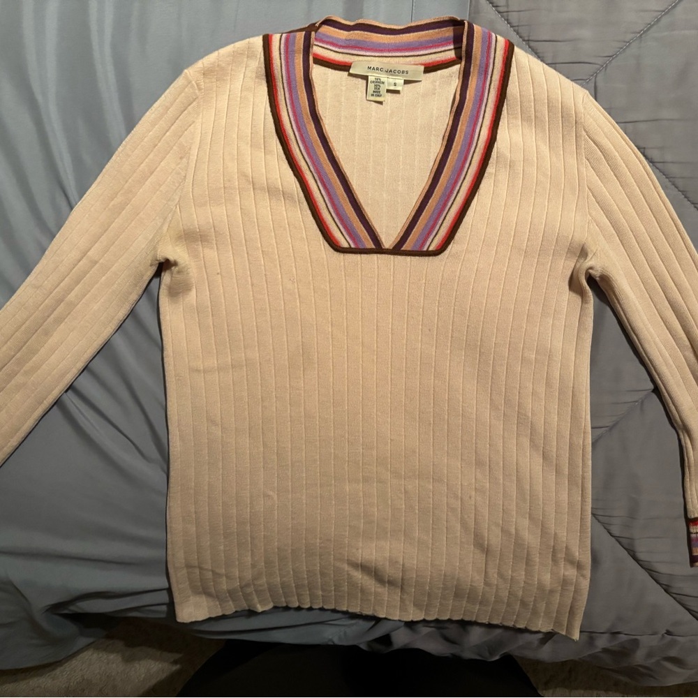 Marc Jacobs Beige V-Neck Sweater with Multicolor Trim